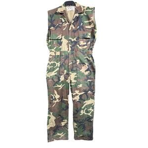 VTG Duck Bay Coveralls Mens Large Camo Sleeveless Hunting Jumpsuit 90s